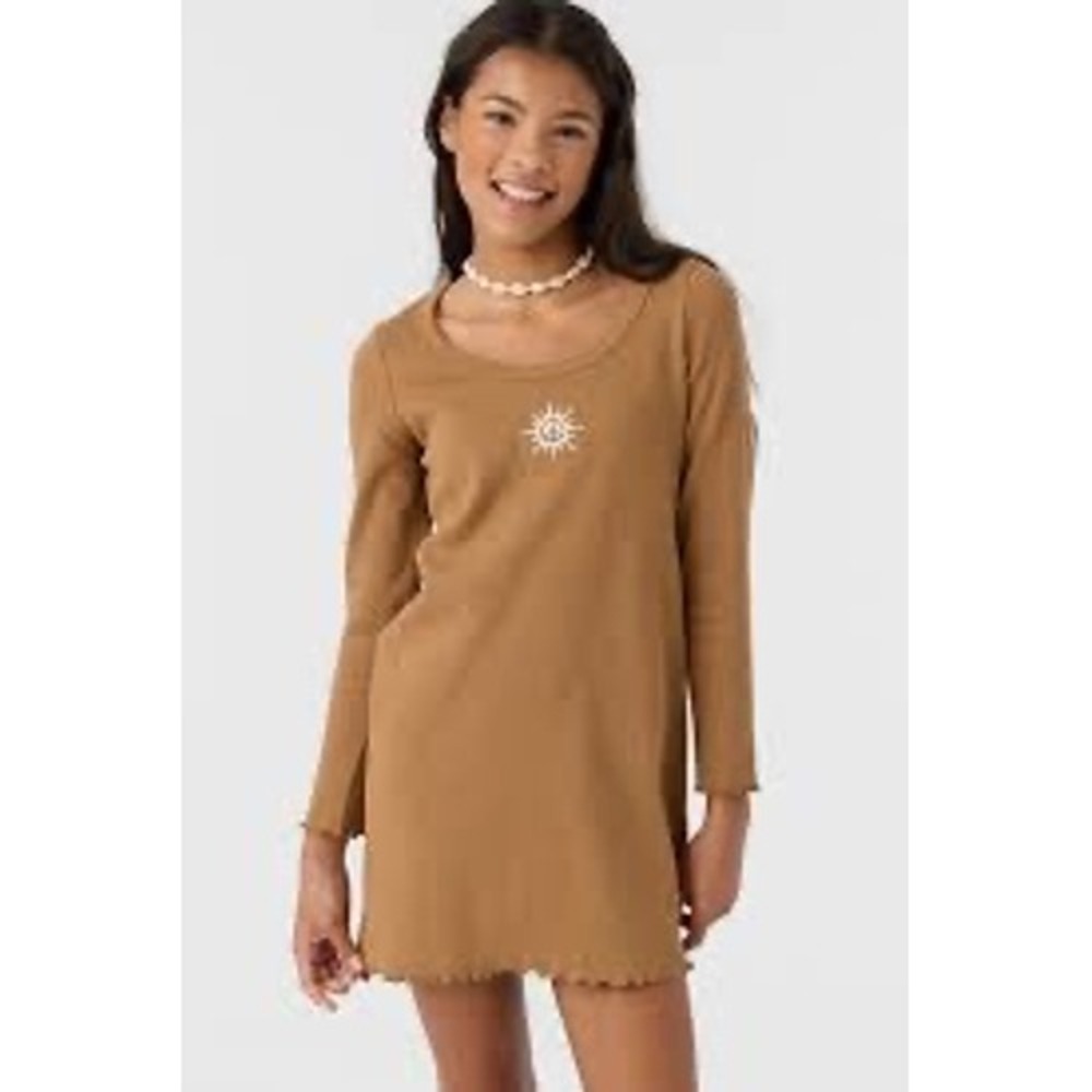 NWT O'Neill Kids XL Long Sleeve‎ Casual Dress Brown Sun Graphic Ribbed Hem Cute